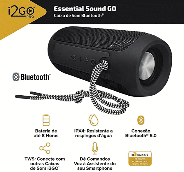 Caixa De Som Bluetooth Essential Sound Go I2go 10W RMS Resistente A Agua Preto 3