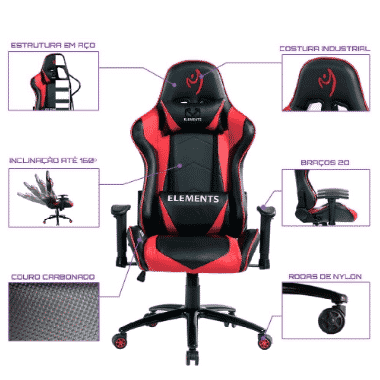 Cadeira Gamer Preta e Vermelha Elements Veda Ignis Reclinavel e Giratoria 2